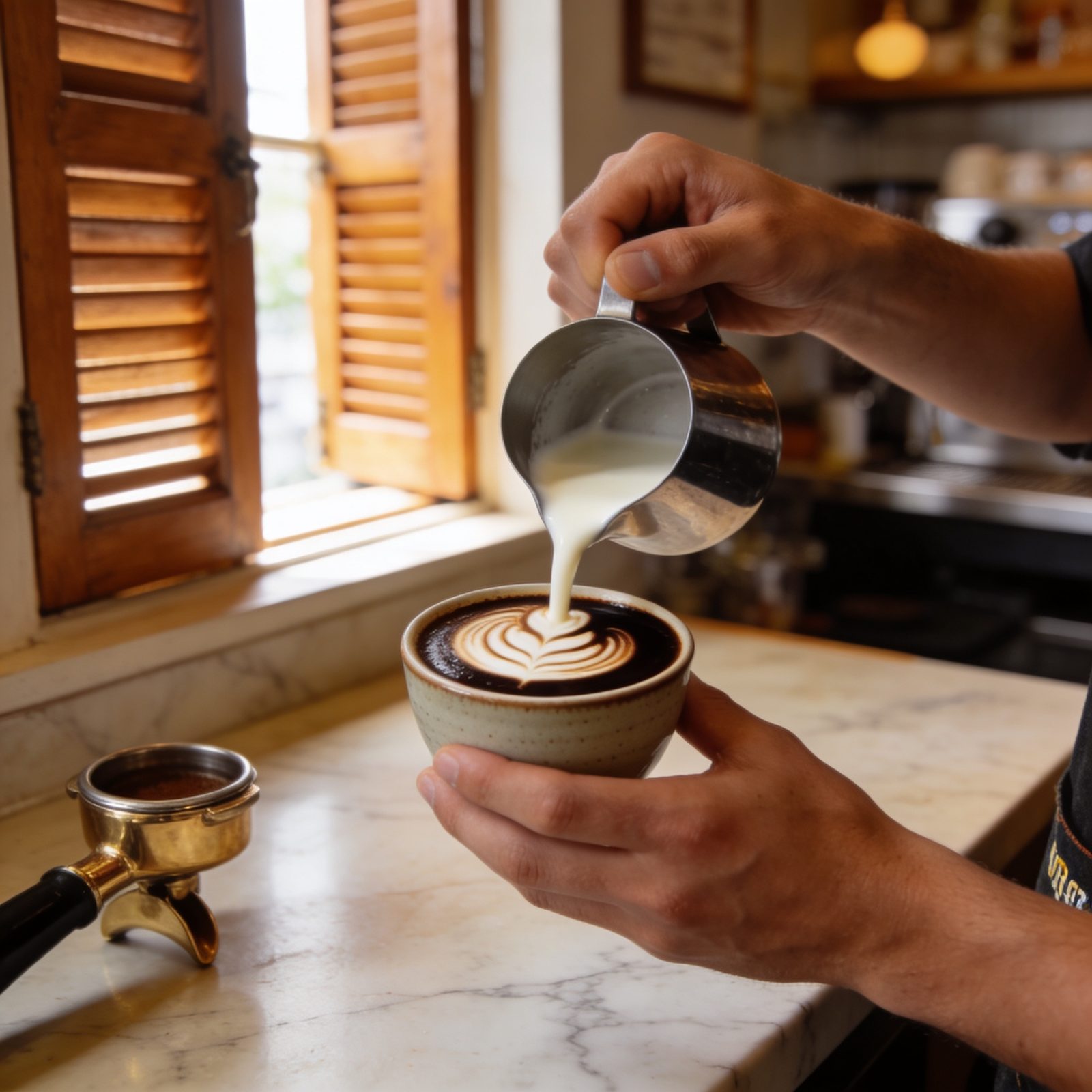 Barista versant un espresso latte art