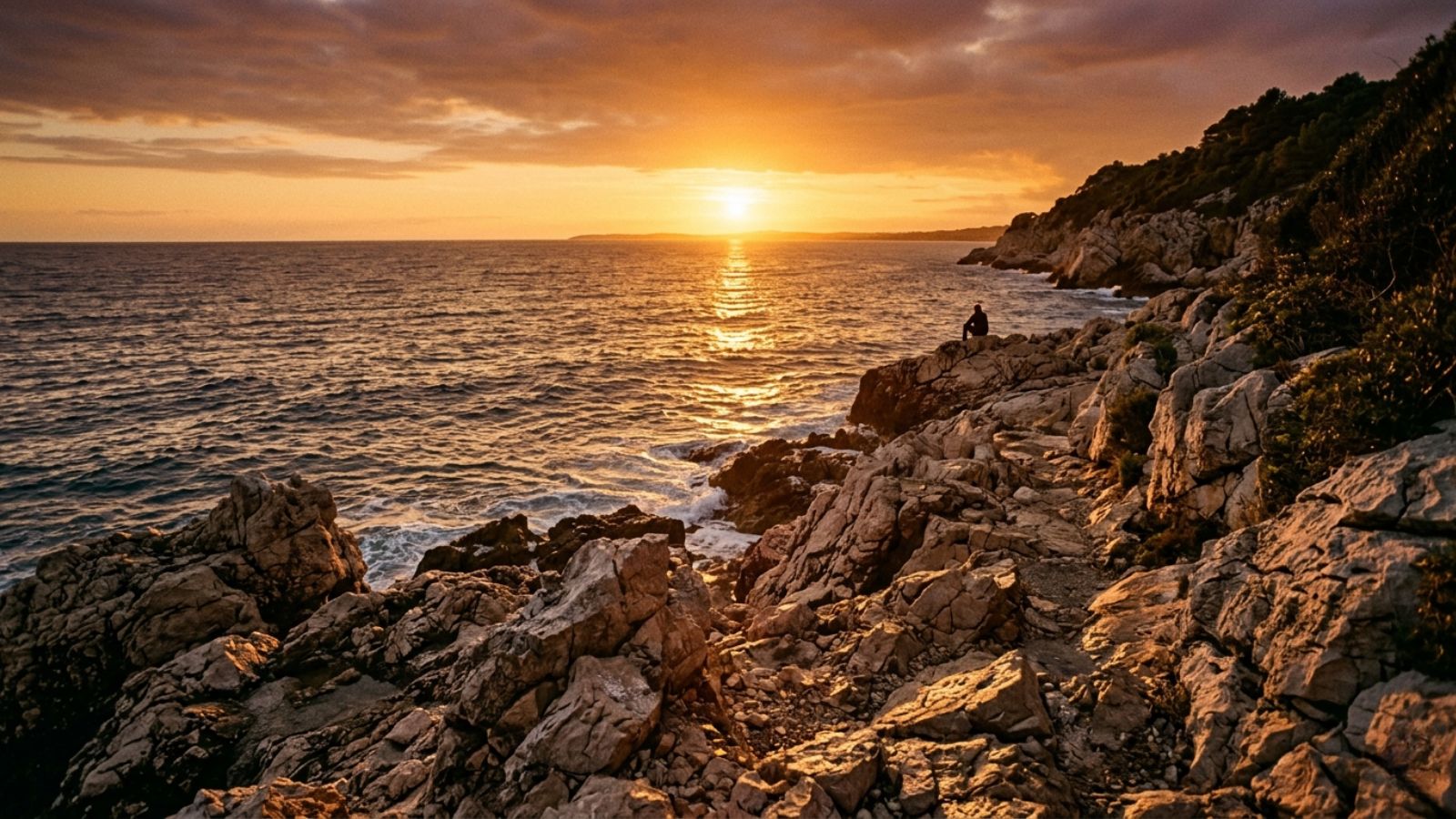 Rocky coastal path at Cap de Nice at golden hour with sun setting into sea