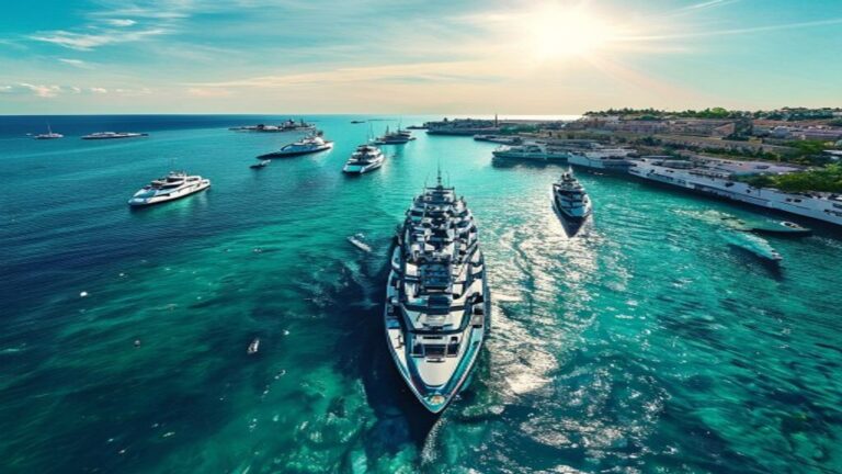 Luchtfoto van superjachten in Port Hercule Monaco tijdens het F1-weekend.