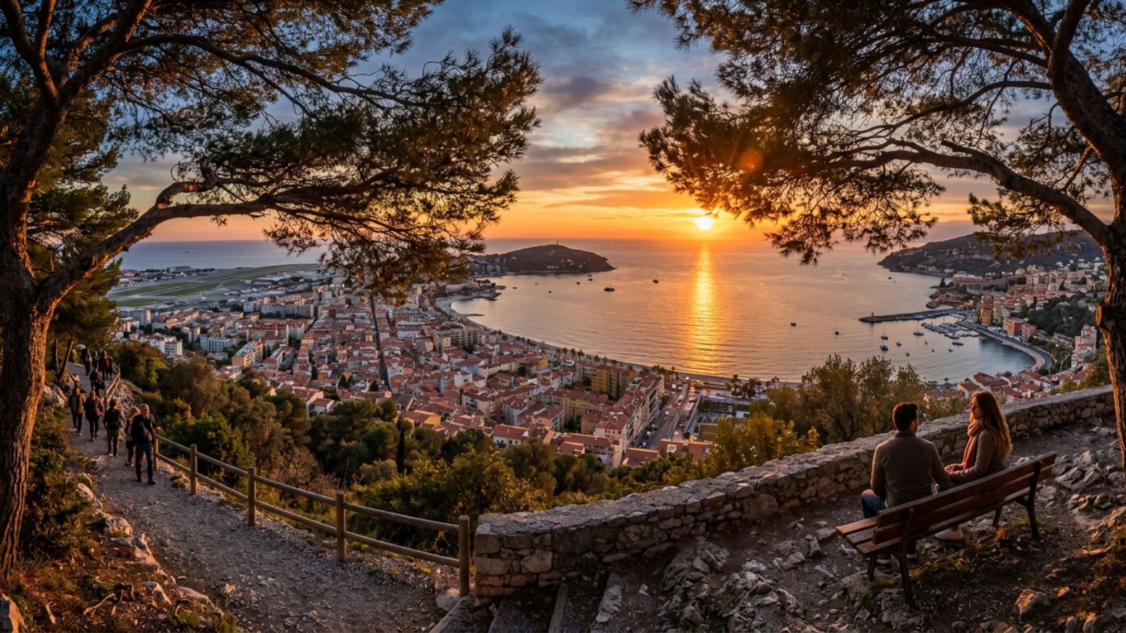 Panoramic sunset view from Mont Boron hilltop over Nice coastline