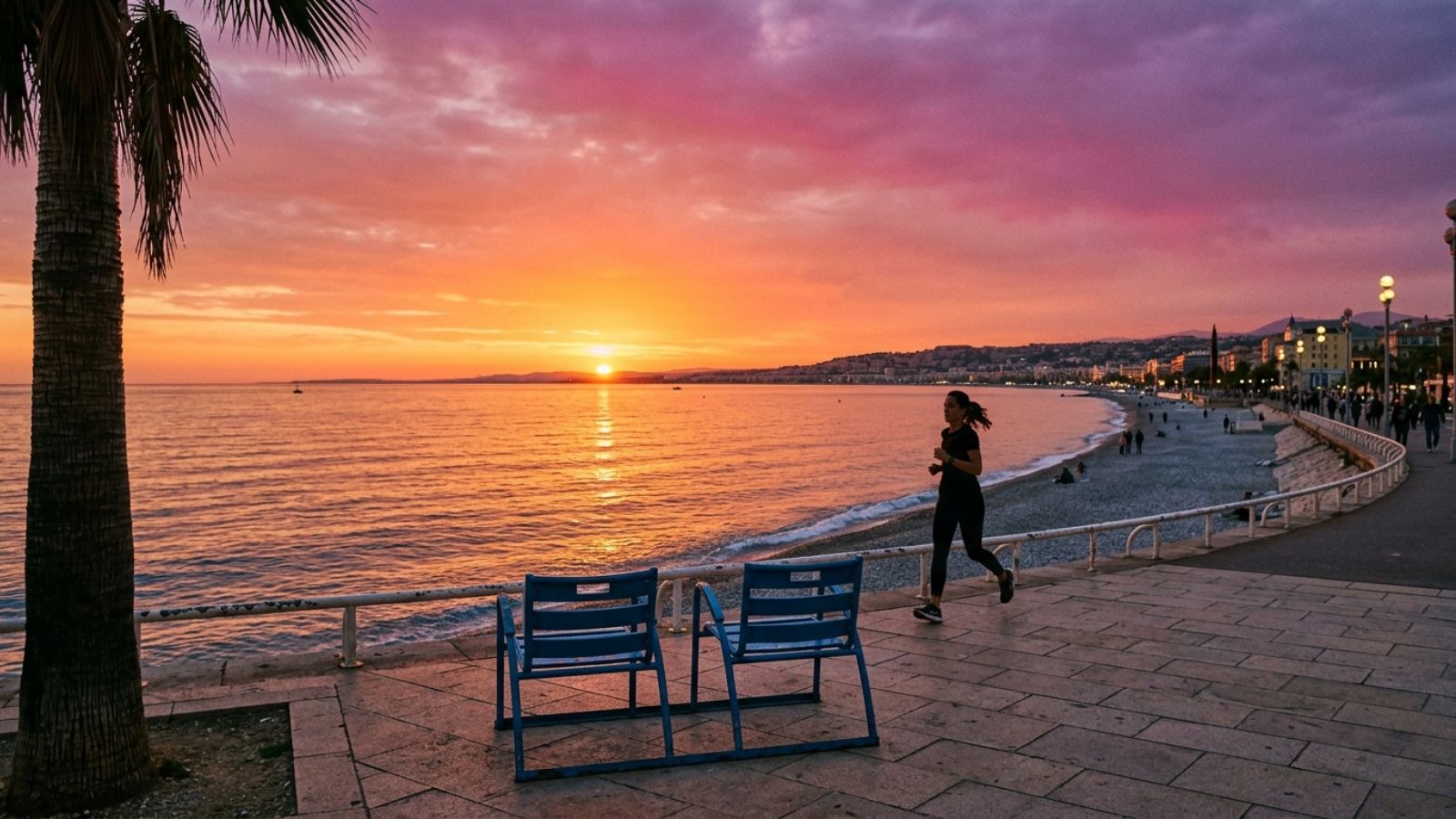 Sunset over Mediterranean from Promenade des Anglais blue chairs Nice
