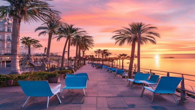 Nice Promenade des Anglais pôr do sol cadeiras azuis palmas
