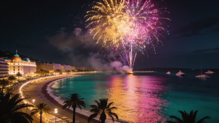Fuochi d'artificio sulla baia di Cannes e sulla Croisette durante il Festival internazionale dei fuochi d'artificio di Cannes.