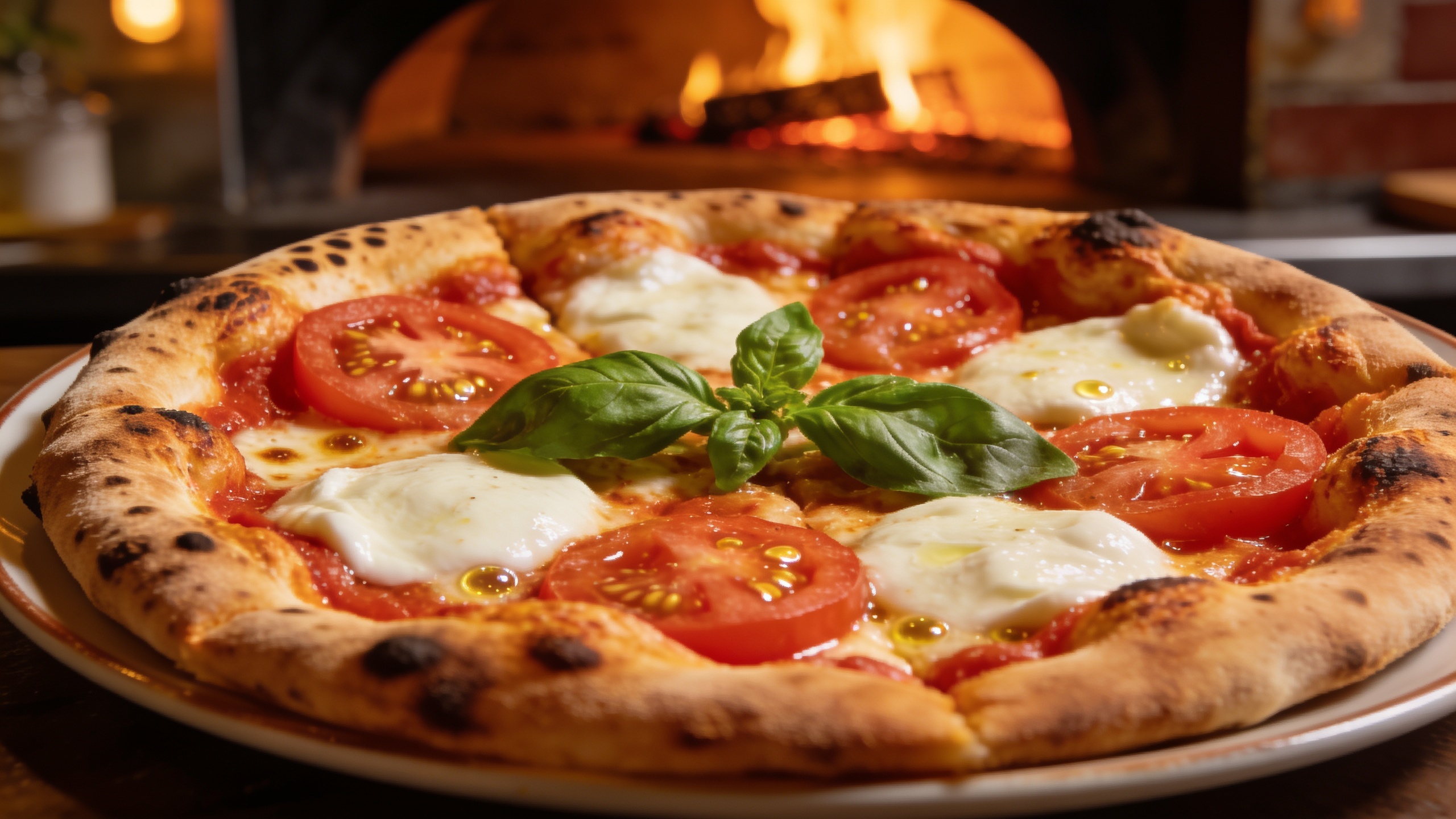 Napolitansk margherita-pizza med en mjuk leopardprickig botten, som illustrerar den napolitanska stilen