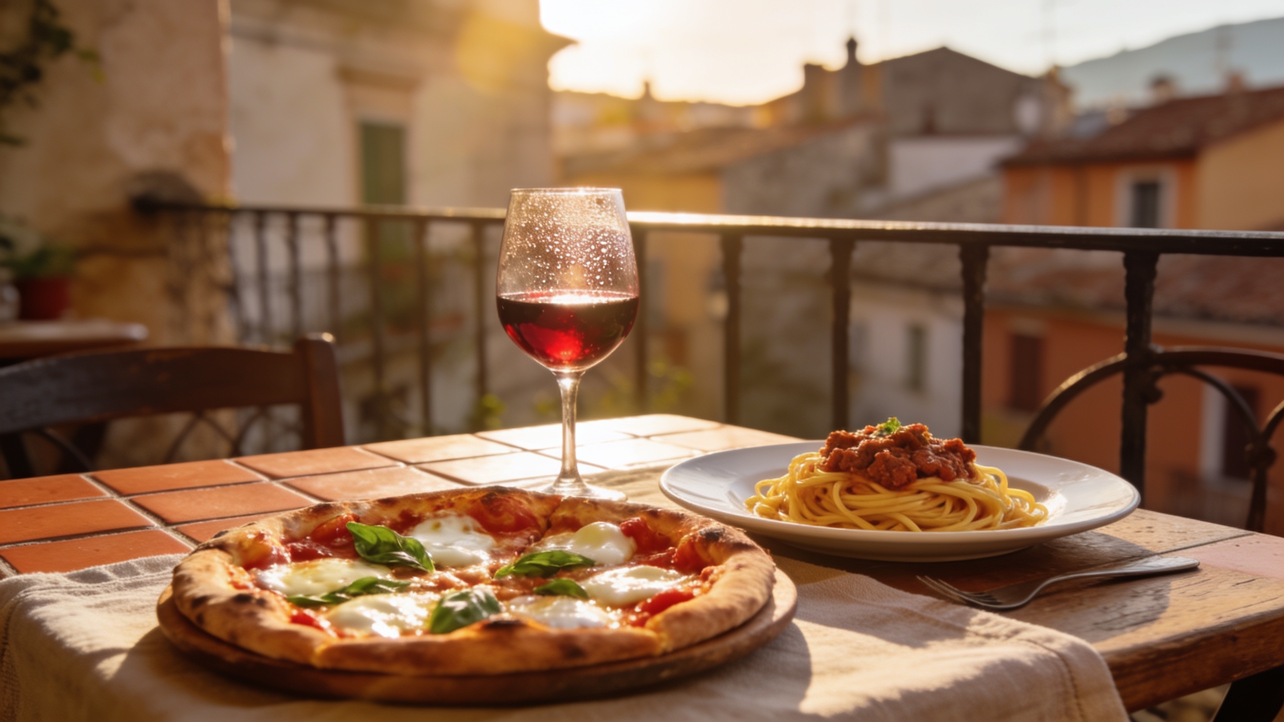 En italiensk trattoriaterrass med pizza, pasta och rött vin i Nices gamla stadskärna