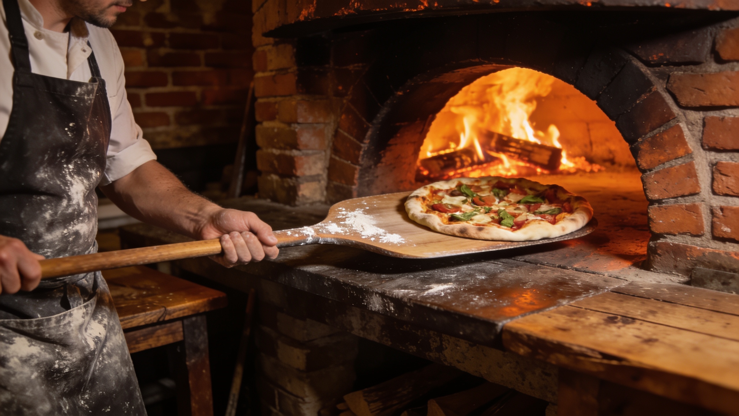 En pizza som går in i en vedeldad tegelugn, vilket illustrerar klassisk vedeldad pizza i Nice
