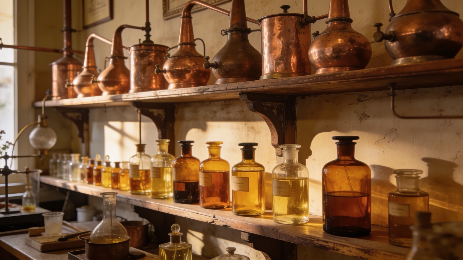 Alambicchi di rame e boccette di profumo in ambra in una profumeria tradizionale di Grasse.
