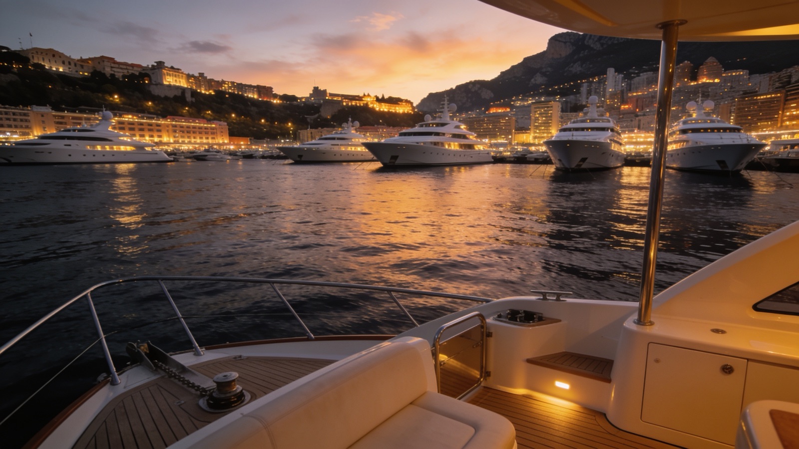 Utsikt över Port Hercule och Monte Carlo från en privat båt i skymningen