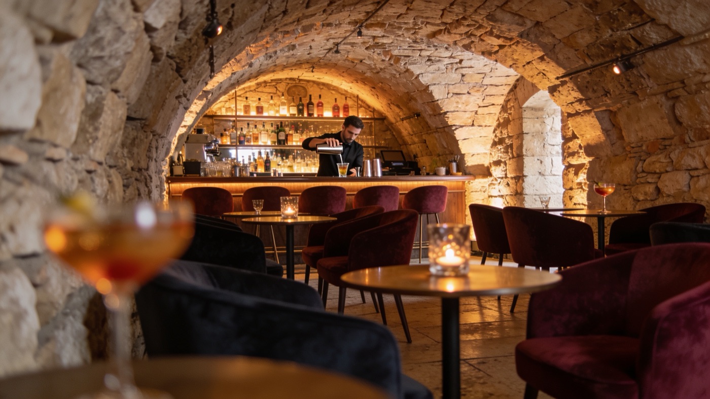 Late-night cocktail bar in a stone cellar in Old Nice