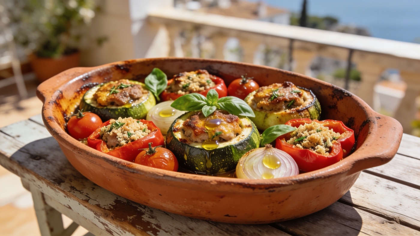 Farcis niçois, stuffed zucchini, tomatoes, peppers and onions in a terracotta dish on a sunny terrace in Nice