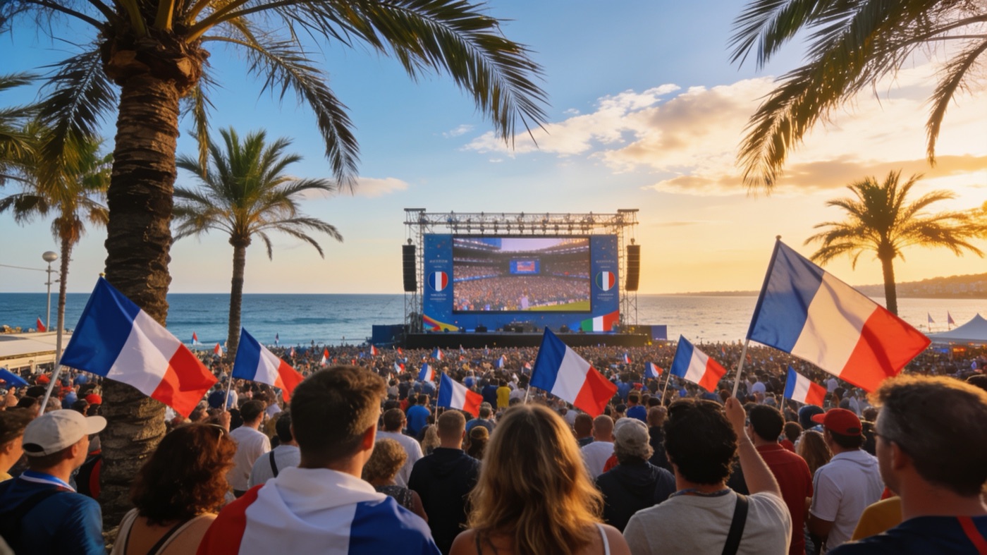 Fodboldfans med franske flag ser på en kæmpeskærm ved havet
