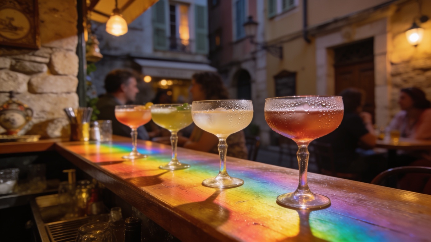 Cozy bar with rainbow lights in Old Nice