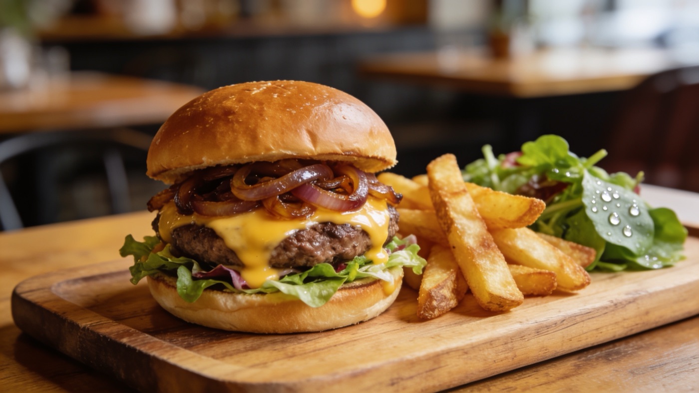 Gourmetburger med pommes frites i Nice