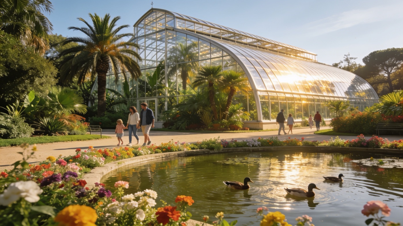 Greenhouse and pond in a botanical park in Nice