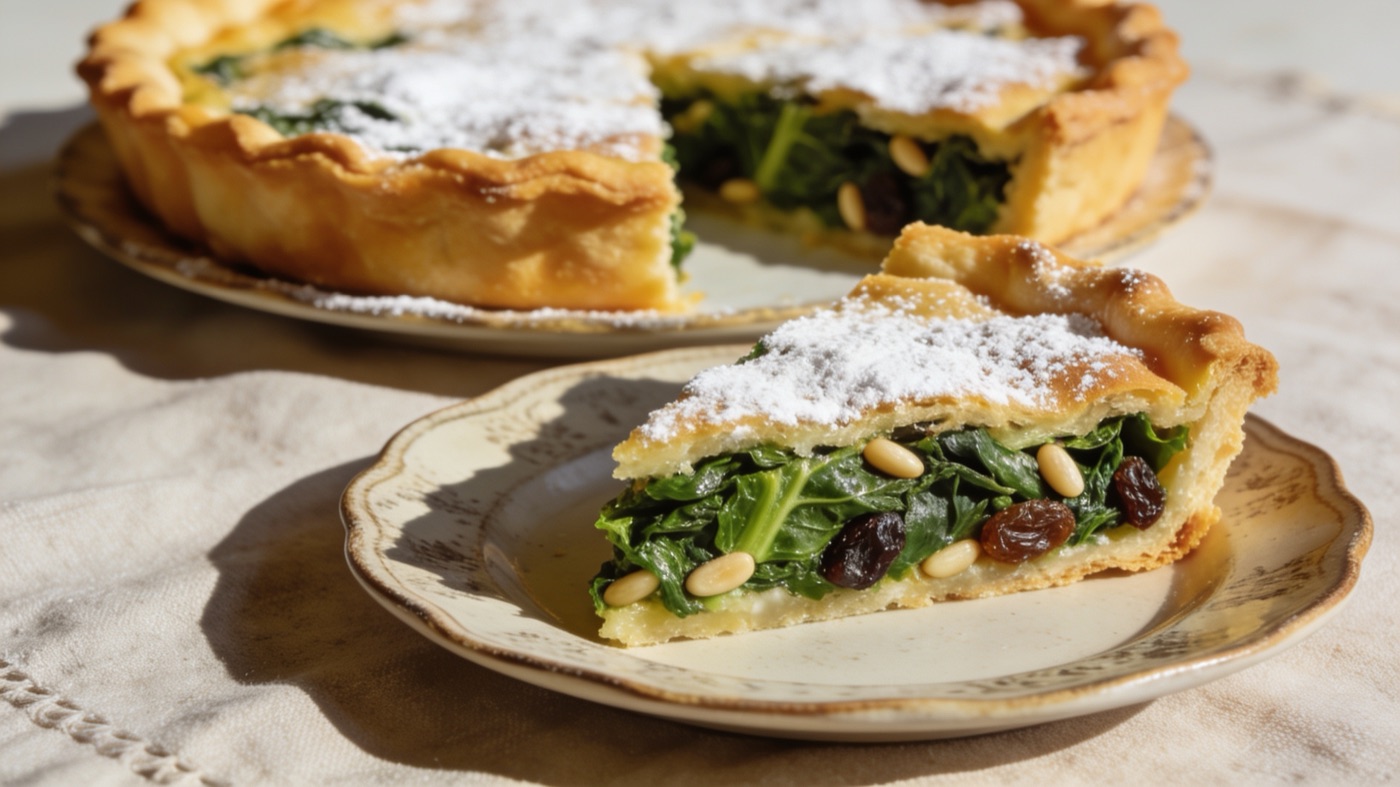 Slice of sweet tourte de blettes, the Swiss chard pie of Nice